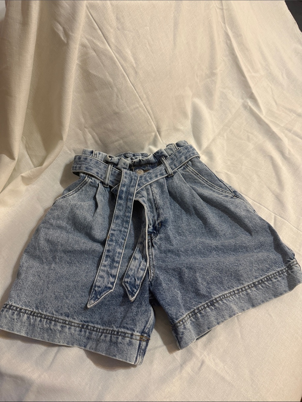 H&M Light Blue High-Waist Paperbag Denim Shorts with Tie